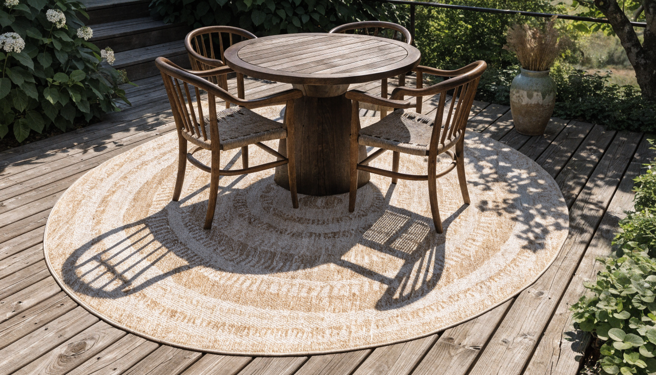 Tapis rond posé sur une terrasse en bois avec du mobilier de jardin Image