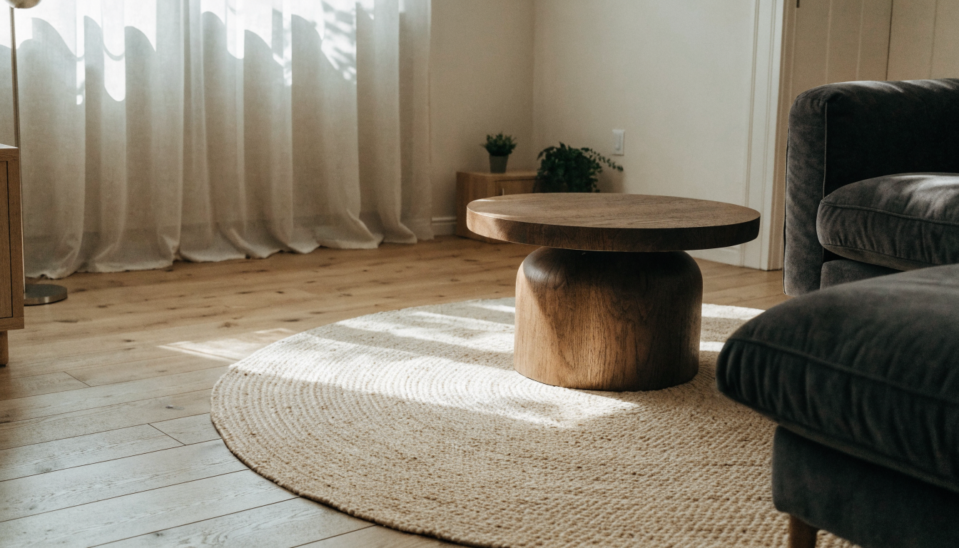 Tapis rond vu de dessus dans un salon avec une table basse centrée dessus