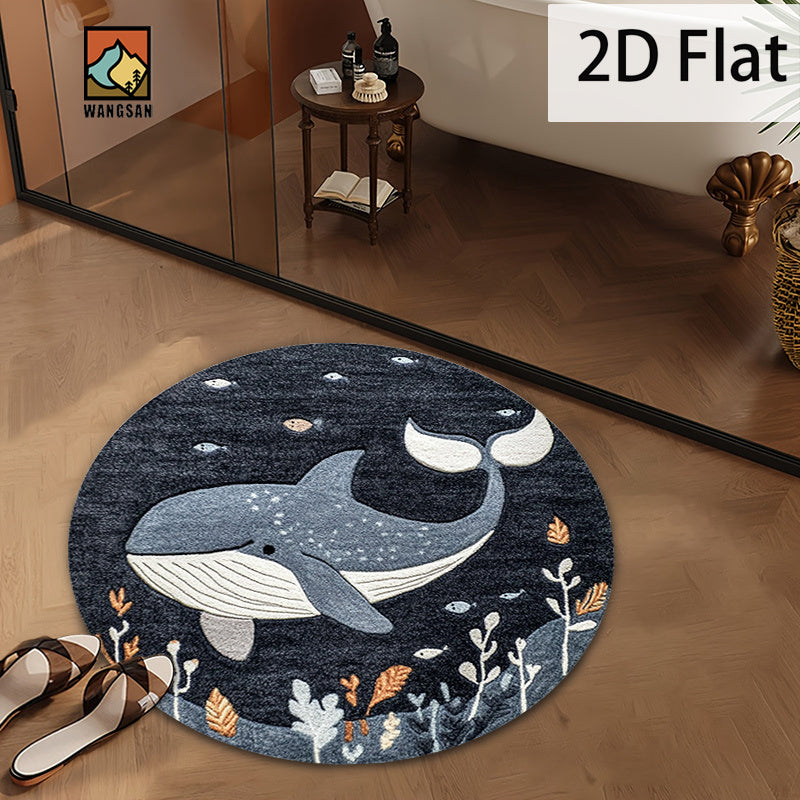 Tapis de bain rond en polyester — Motif marin et pour l'entrée, mise en situation