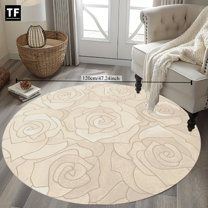 Tapis rond en polyester — Lavable en machine, dessous antidérapant et touffeté — détail de la matière : polyester