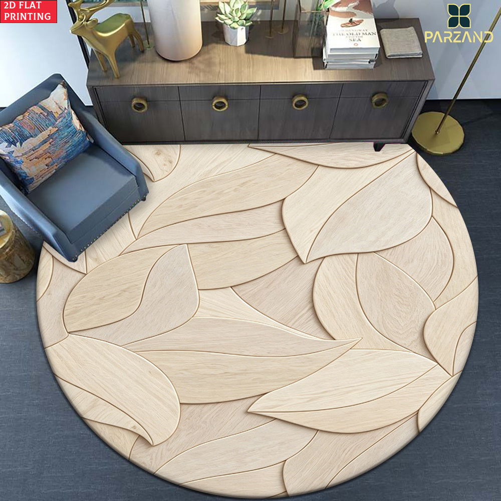 Tapis rond en polyester — Pour la cuisine, motif feuillage et velours bouclé, détail de la finition