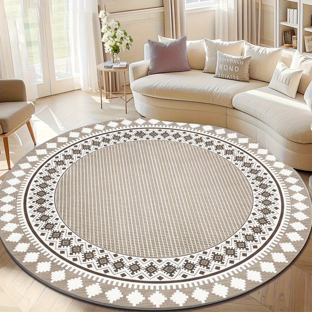 Tapis rond greige, couronne de losanges berbères, 120-160 cm