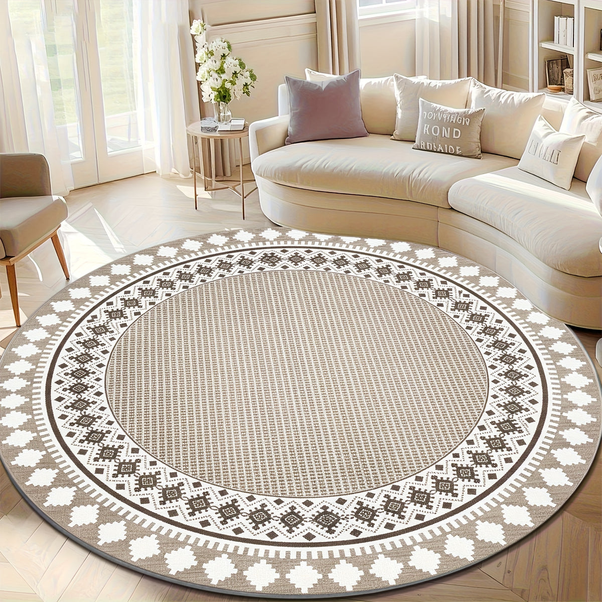 Tapis rond greige, couronne de losanges berbères, 120-160 cm