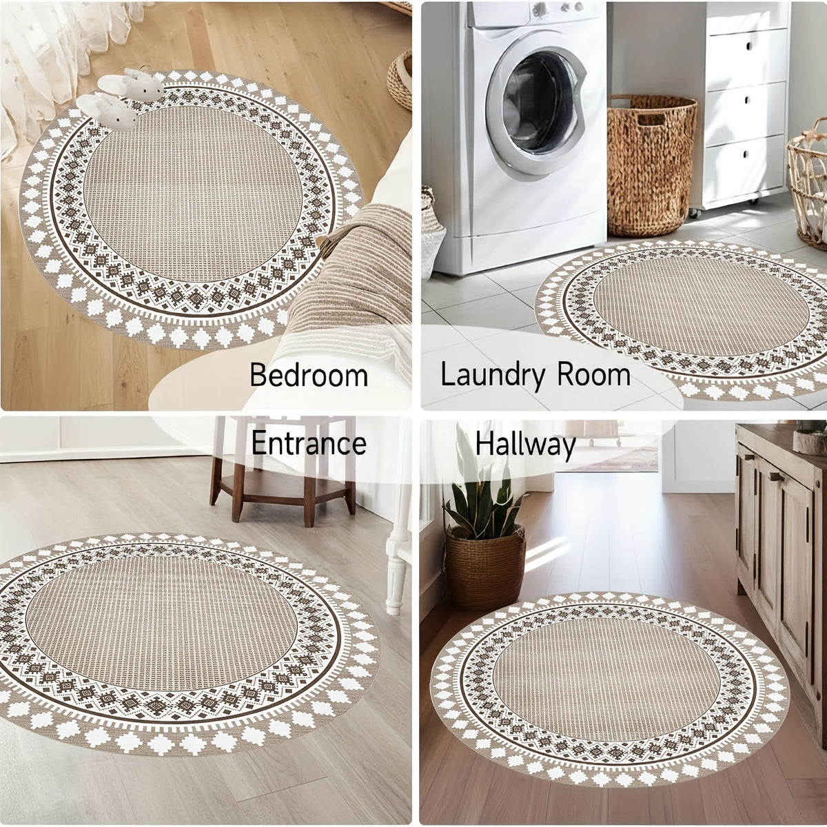 Tapis rond greige, couronne de losanges berbères, 120-160 cm