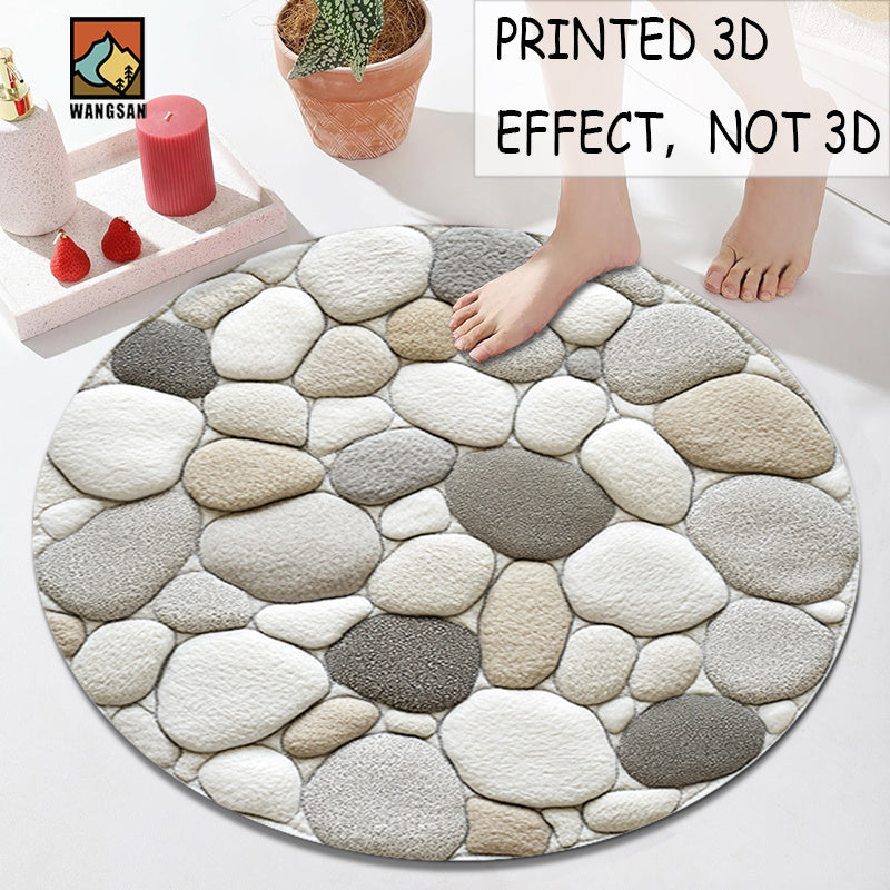 Tapis de bain rond en polyester — Motif galets et pour l'entrée, détail de la finition