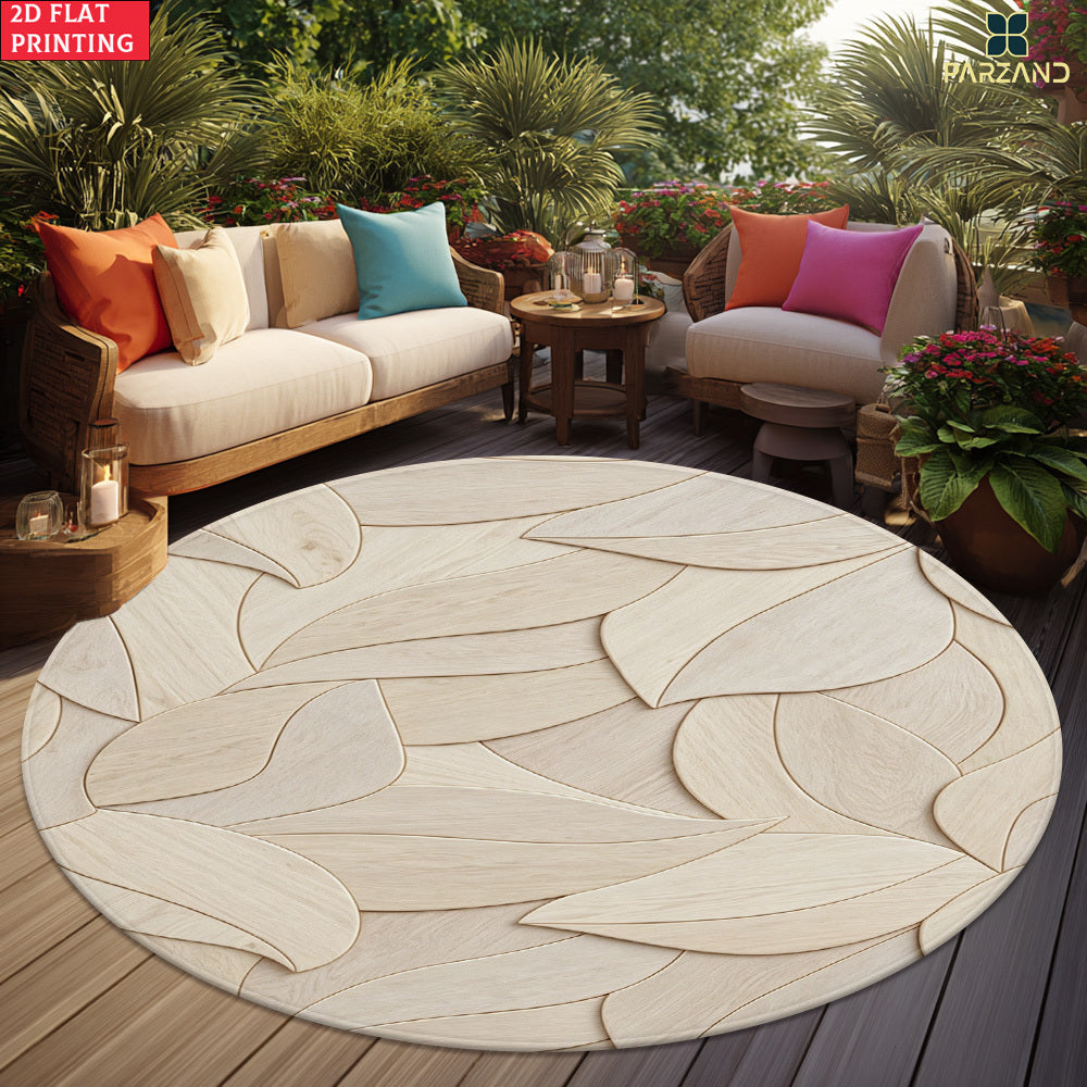 Tapis rond en polyester — Pour la cuisine, motif feuillage et velours bouclé, vue d'ensemble
