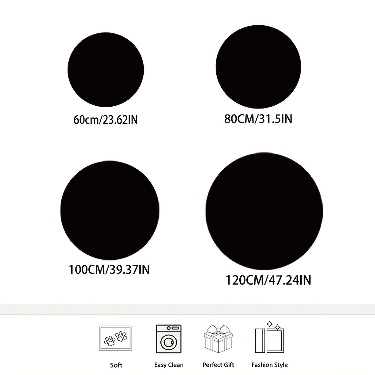 Tapis rond en polyester — Lavable en machine, dessous antidérapant et tricoté, détail de la finition