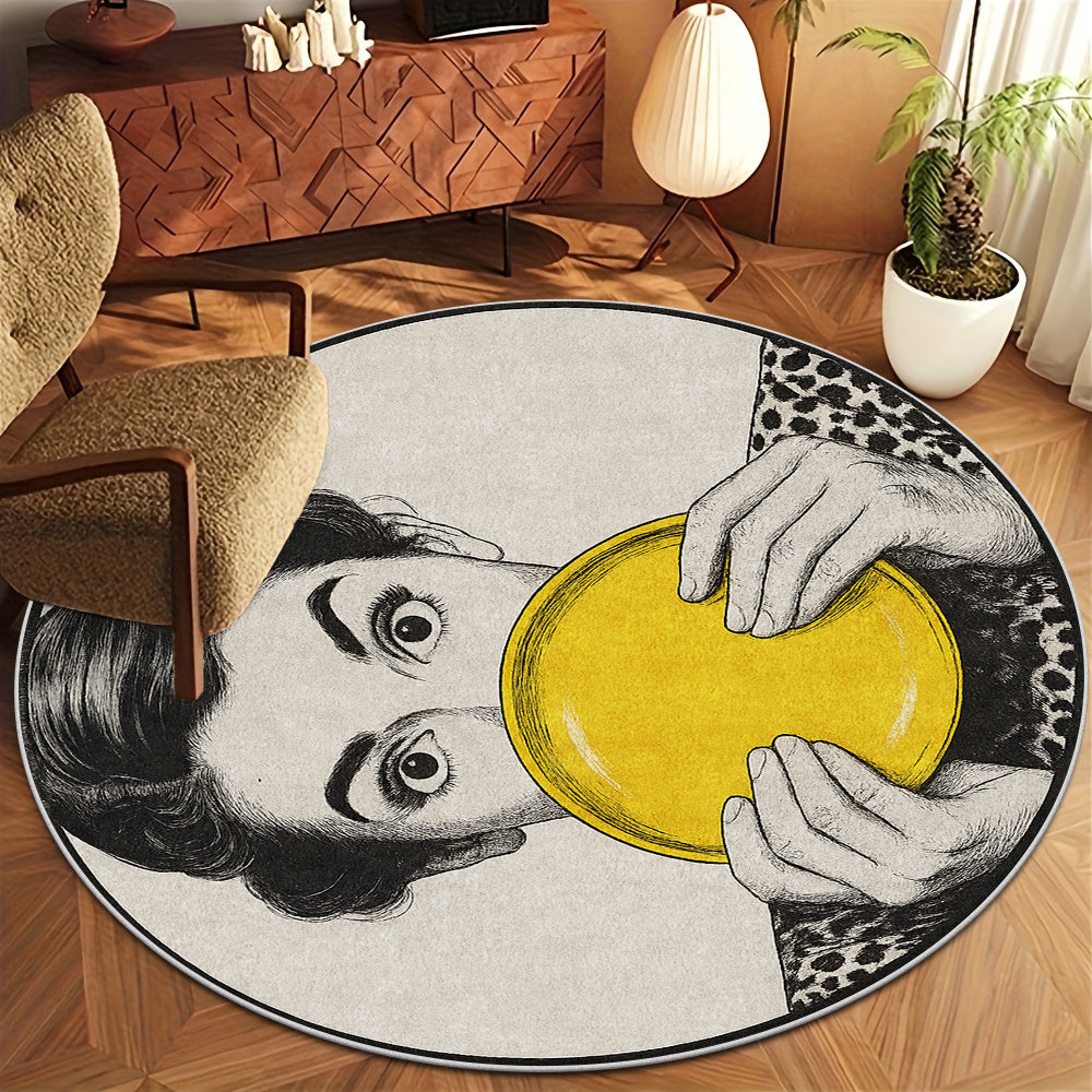 Tapis rond en polyester — Velours dense, tricoté et velours coupé — détail de la matière : polyester