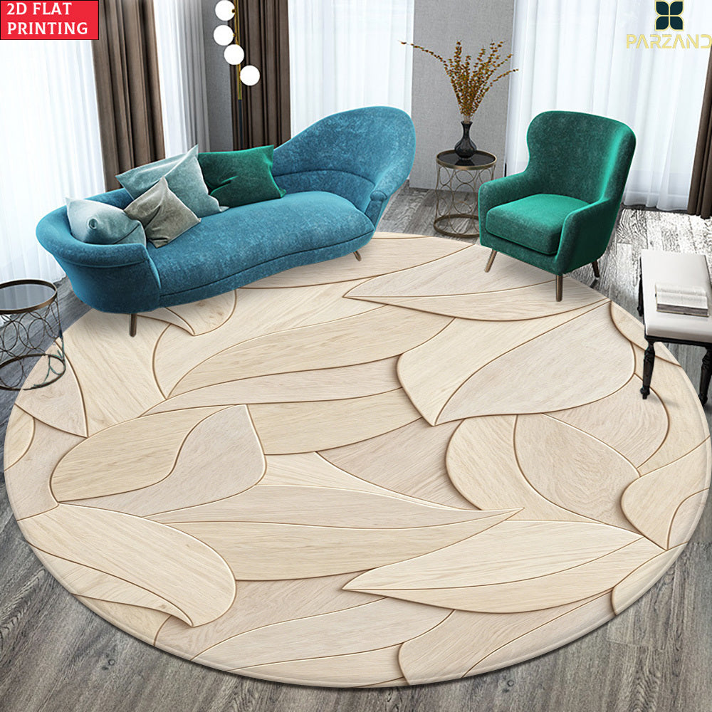 Tapis rond en polyester — Pour la cuisine, motif feuillage et velours bouclé, autre angle