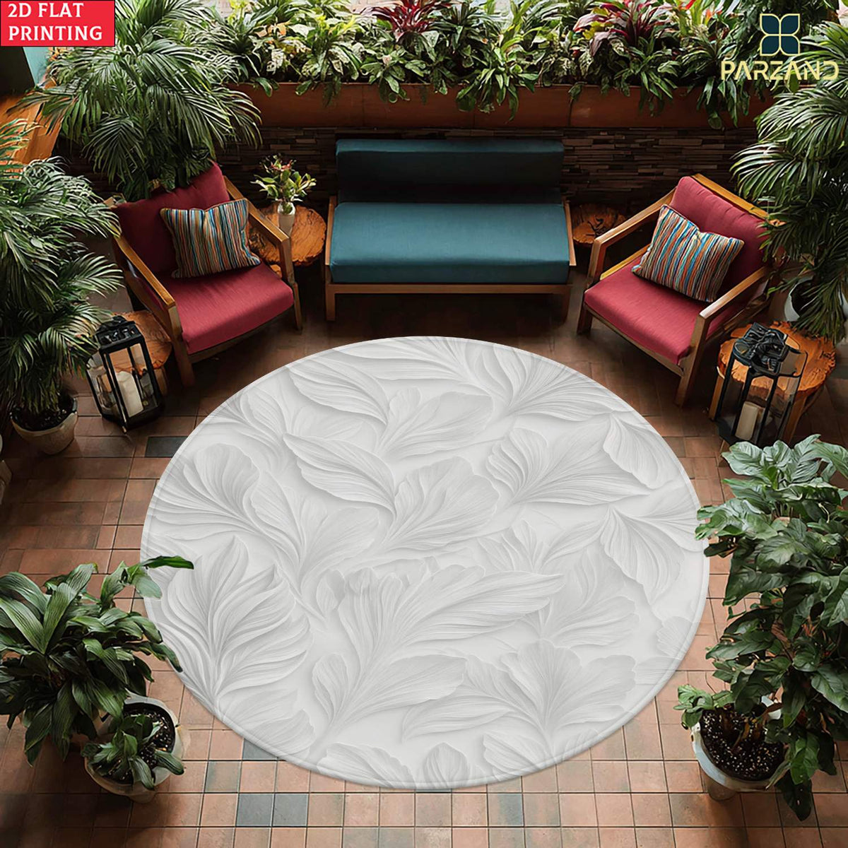 Tapis rond en polyester — Pour la cuisine, motif feuillage et velours bouclé, forme ronde