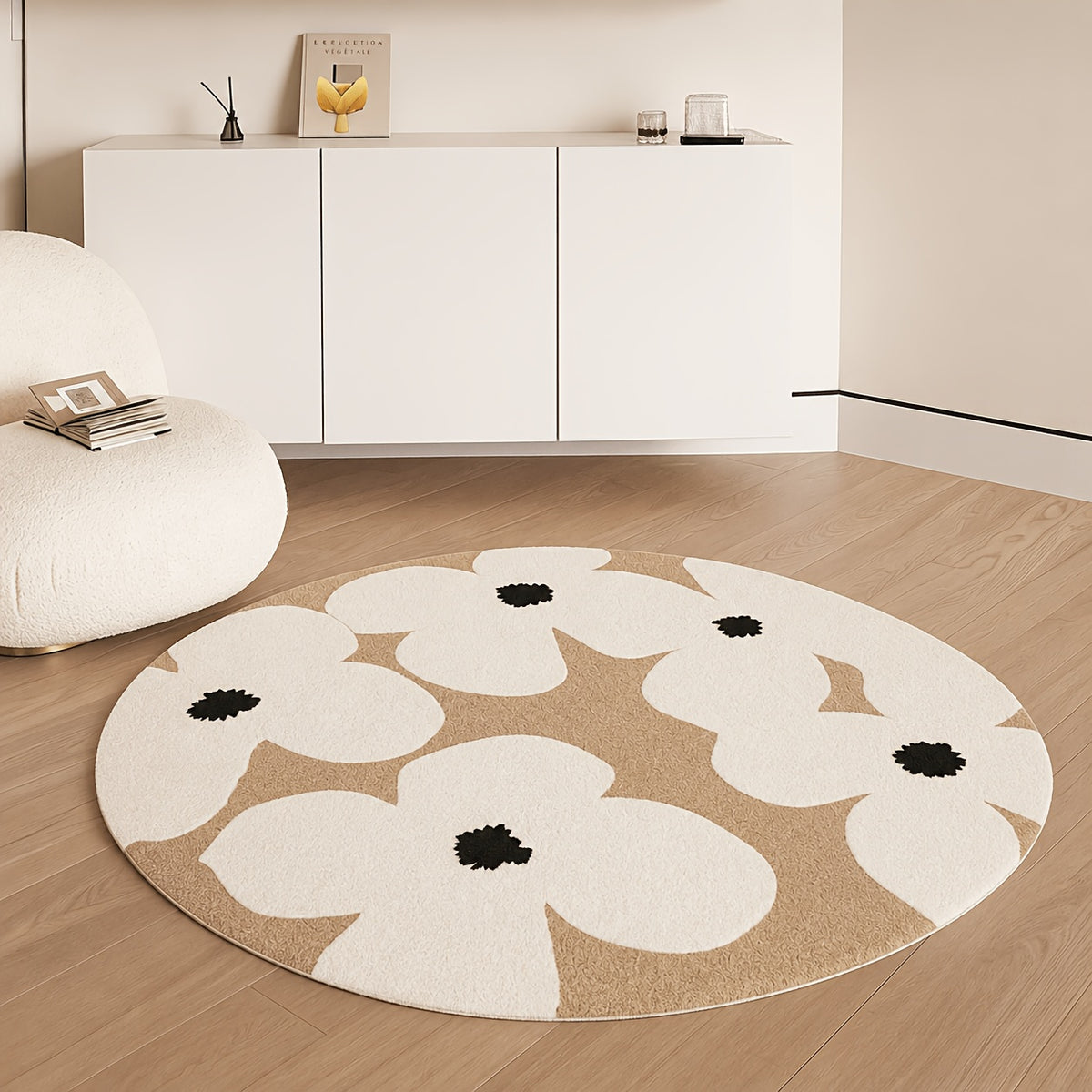 Tapis rond en polyester — Motif fleuri — détail de la matière : polyester