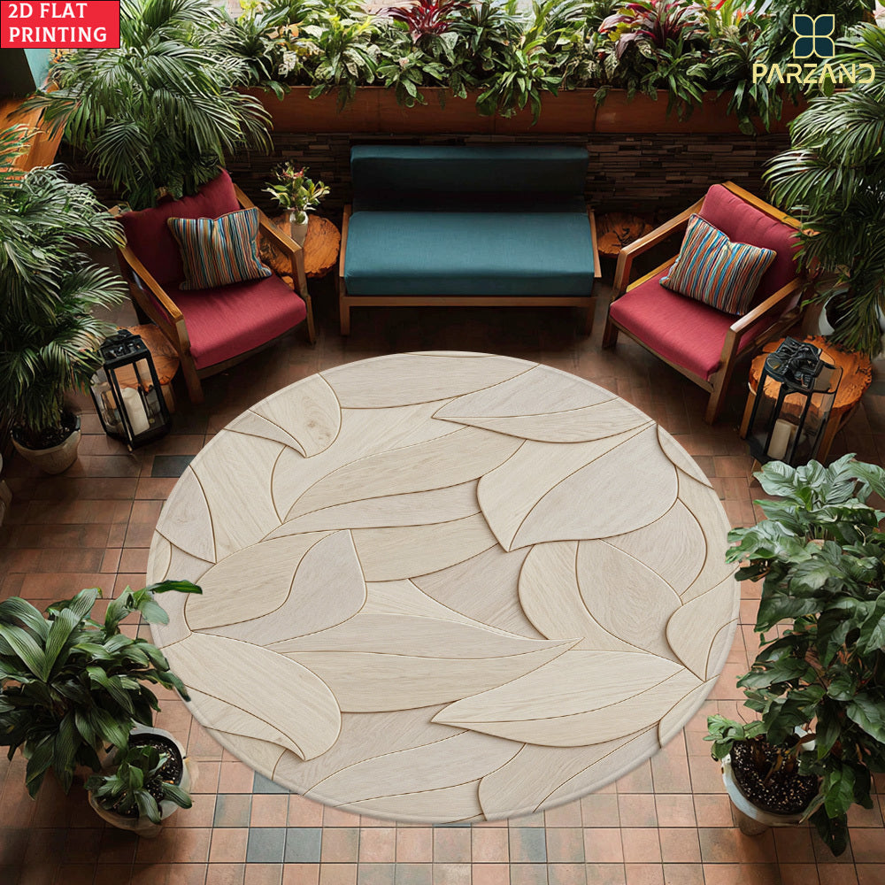 Tapis rond en polyester — Pour la cuisine, motif feuillage et velours bouclé, forme ronde