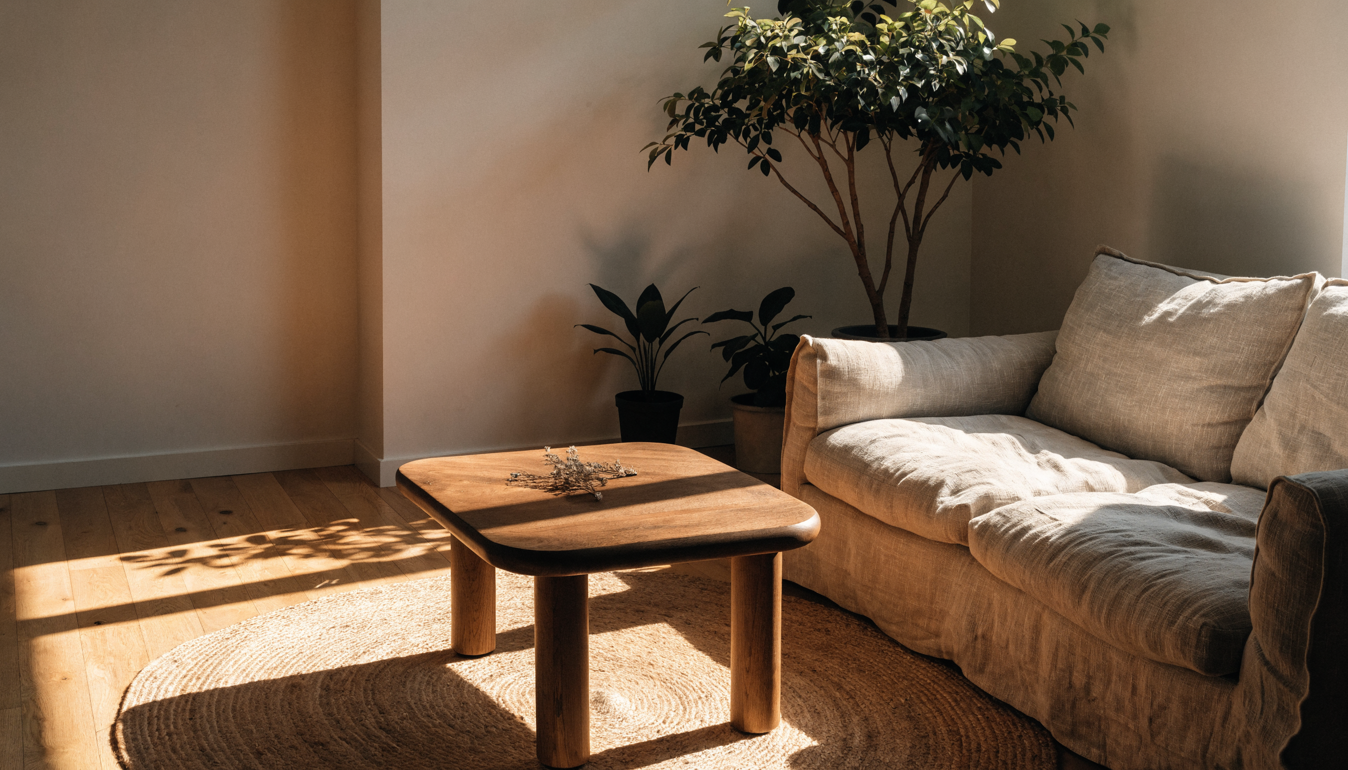 Grand tapis rond en jute sous une table basse dans un salon lumineux