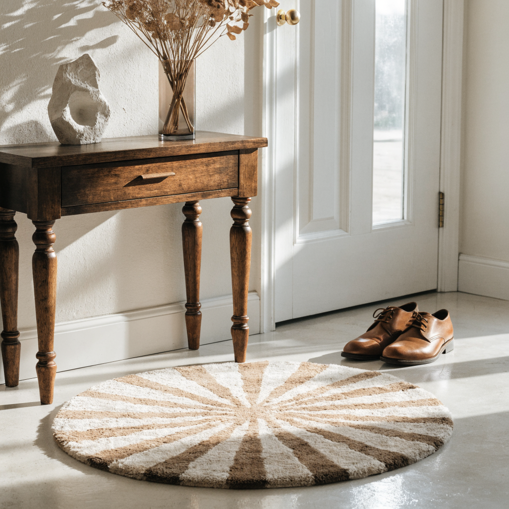 Petit tapis rond dans une entrée à côté d une console