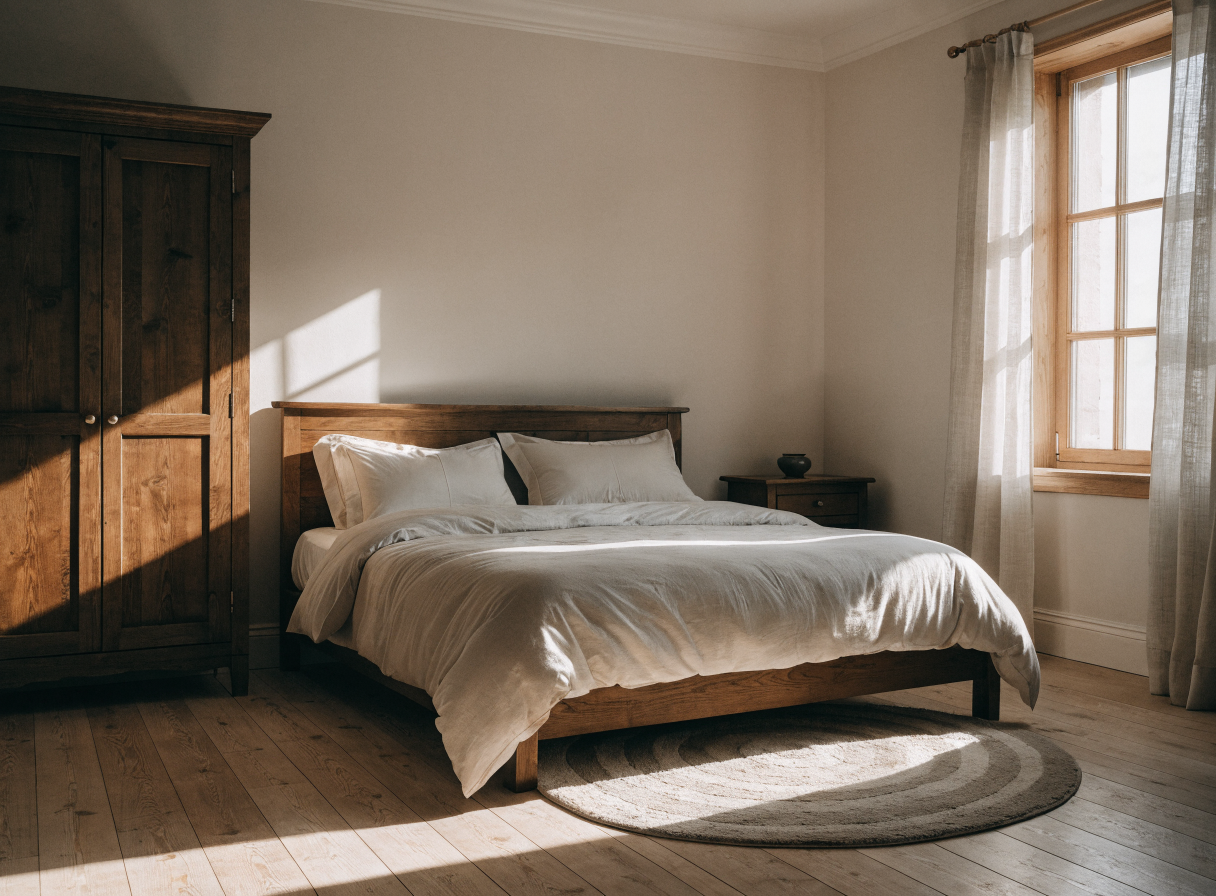 Tapis rond au pied d un lit dans une chambre calme Image