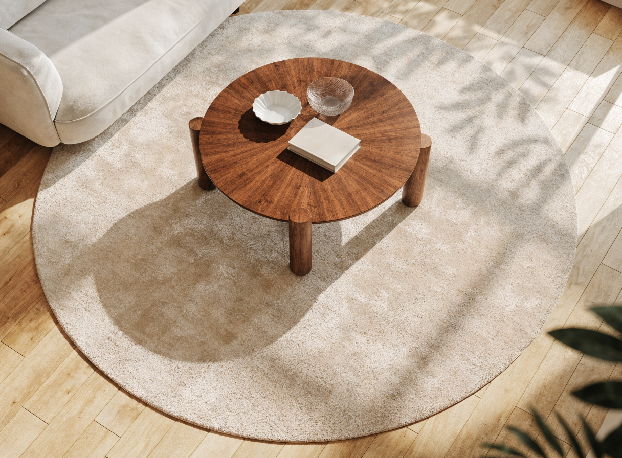 Tapis rond vu de dessus avec une table basse centrée dessus Image