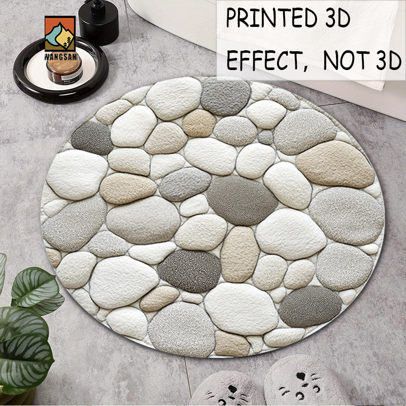 Tapis de bain rond en polyester — Motif galets et pour l'entrée — détail de la matière : polyester
