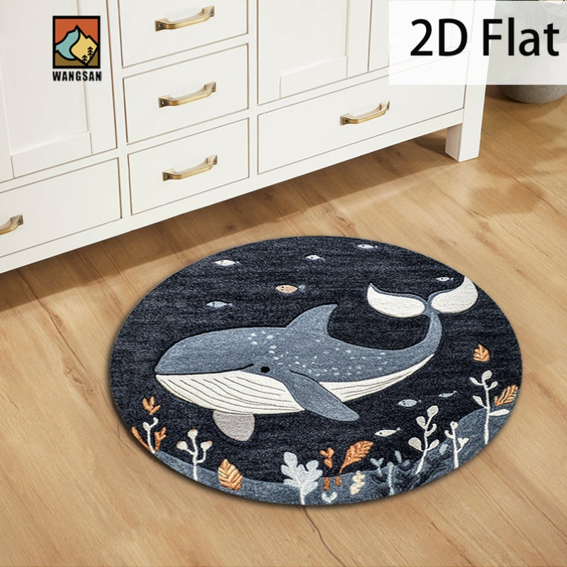 Tapis de bain rond en polyester — Motif marin et pour l'entrée, détail de la finition