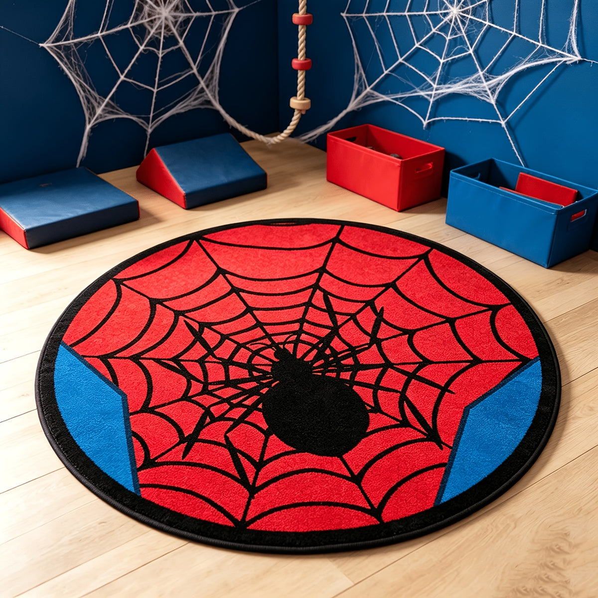 Tapis rond en polyester — Lavable en machine, dessous antidérapant et tricoté, vue de dos