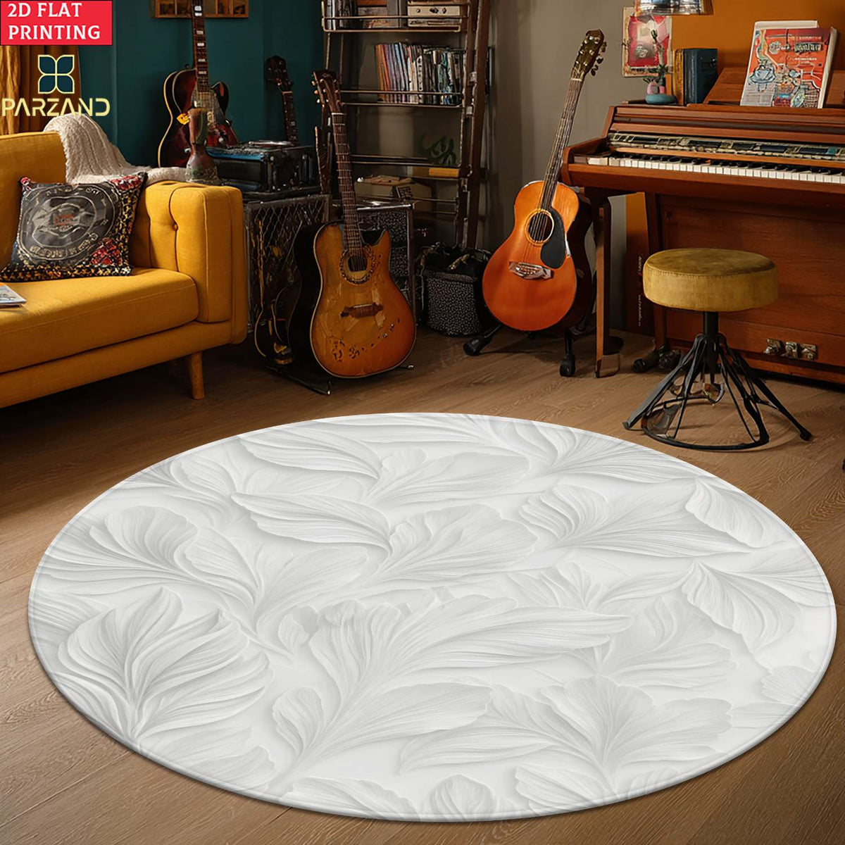Tapis rond en polyester — Pour la cuisine, motif feuillage et velours bouclé — détail de la matière : polyester Image