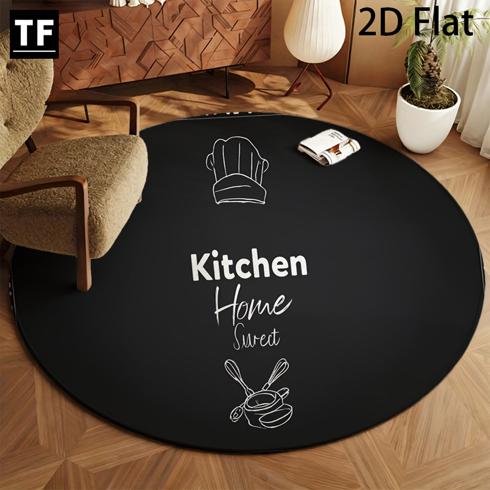 Tapis rond en polyester — Velours dense et pour la cuisine, mise en situation