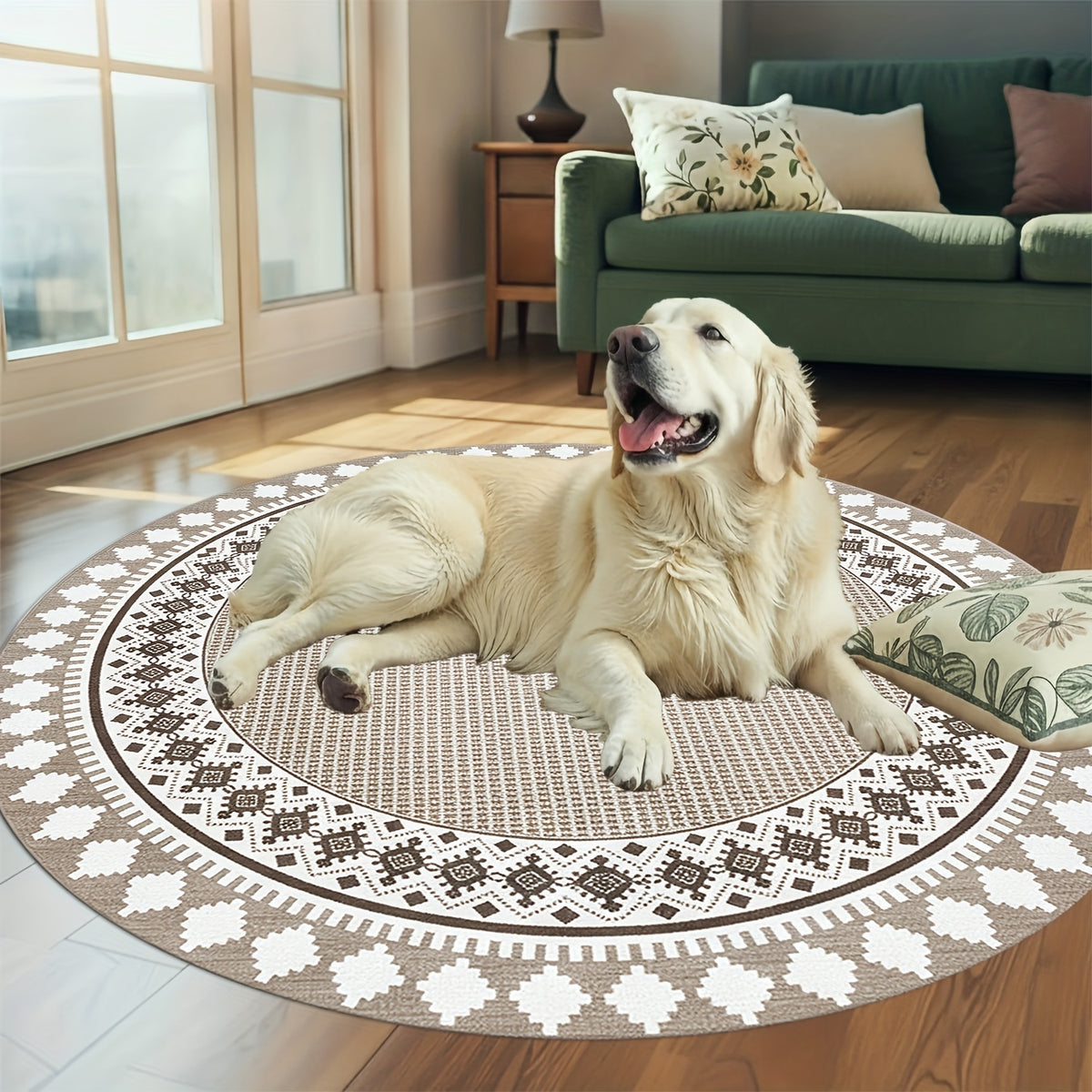 Tapis rond greige, couronne de losanges berbères, 120-160 cm