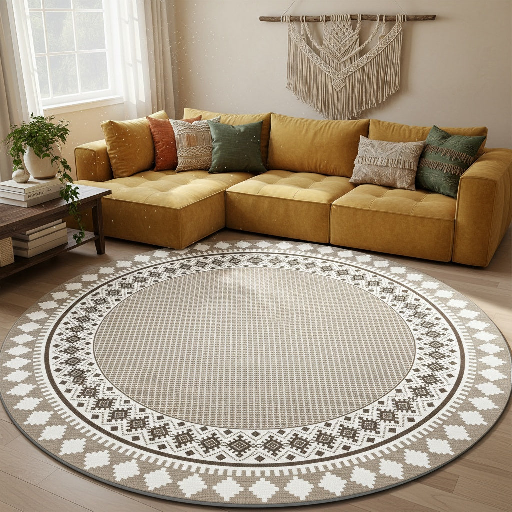 Tapis rond greige, couronne de losanges berbères, 120-160 cm