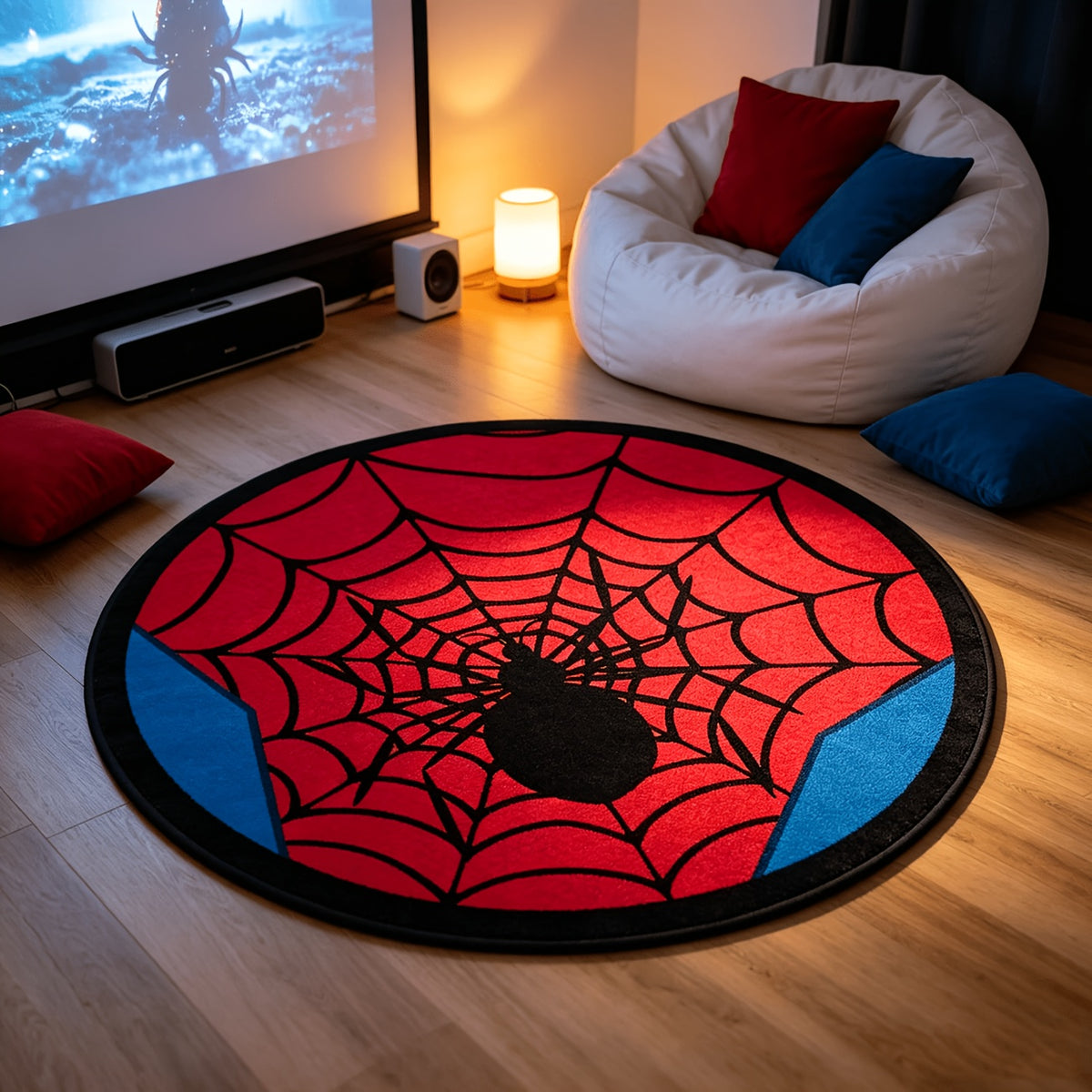 Tapis rond en polyester — Lavable en machine, dessous antidérapant et tricoté, mise en situation