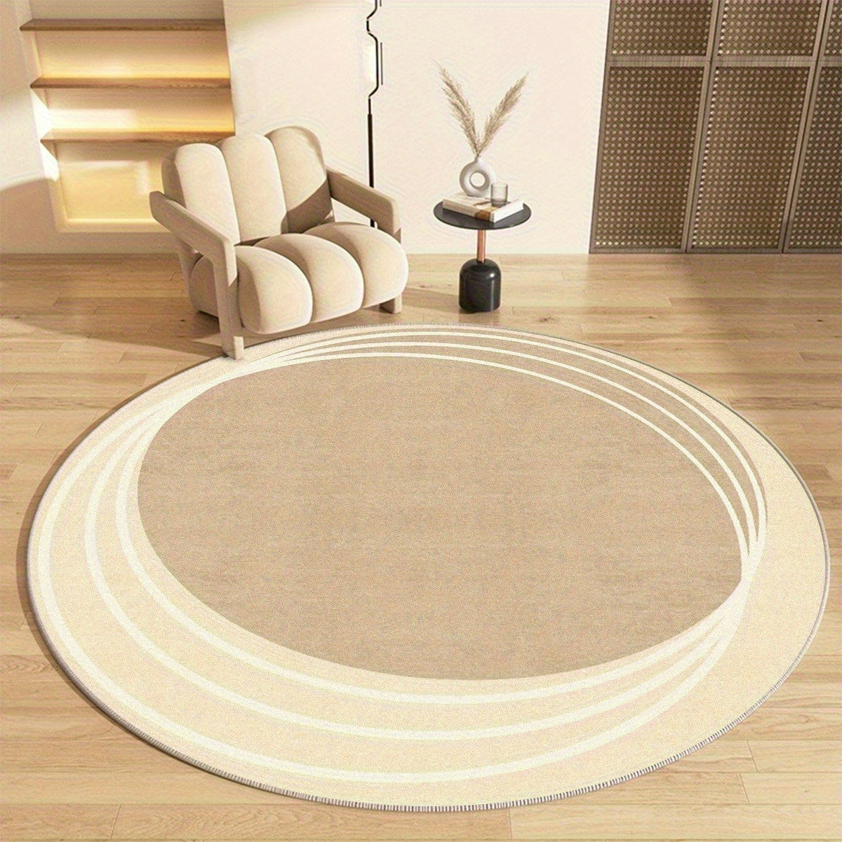 Grand tapis rond beige à cercles concentriques, Ø 180 cm