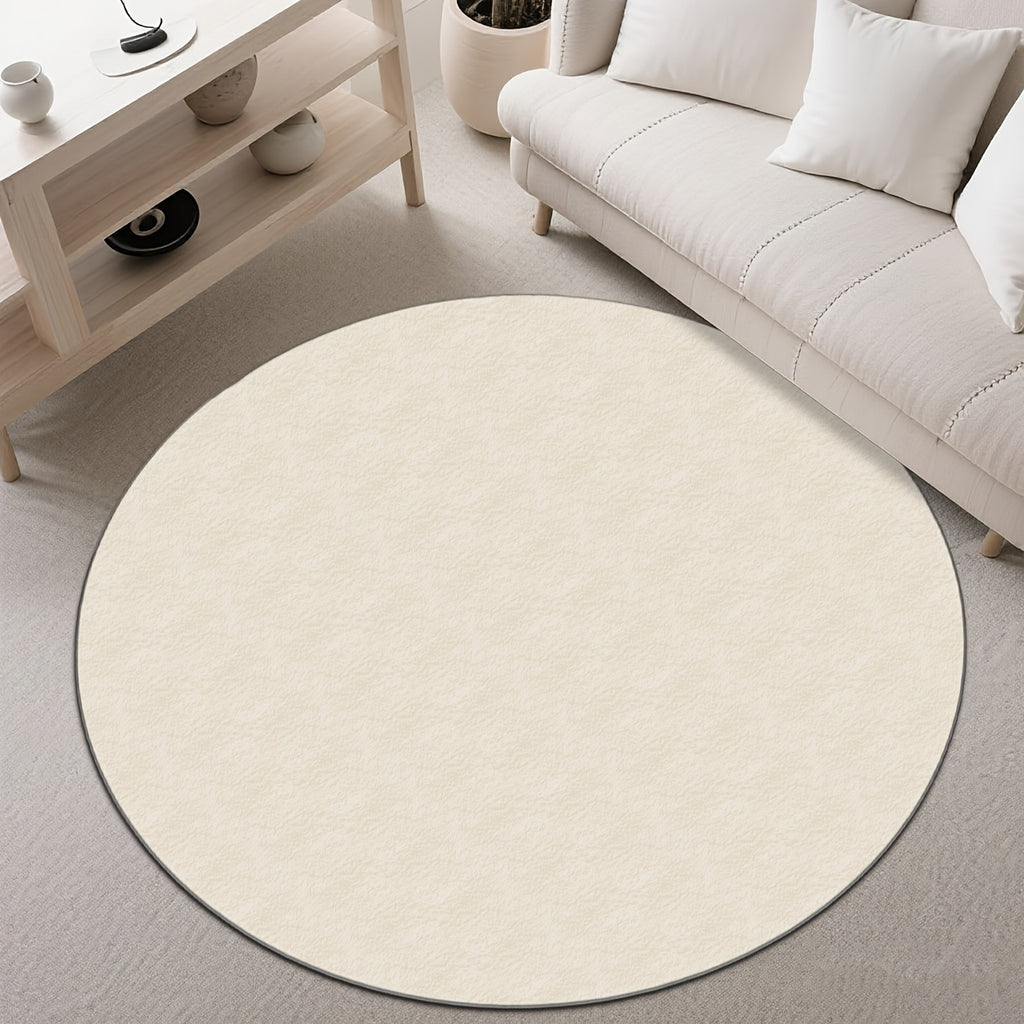 Grand tapis rond beige uni en velours peluche, deux mètres