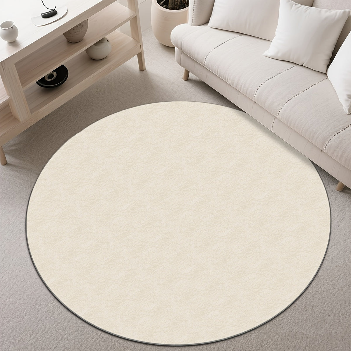 Grand tapis rond beige uni en velours peluche, deux mètres