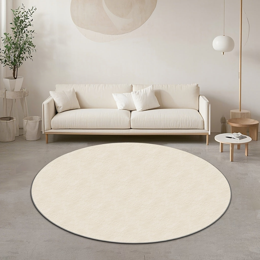 Grand tapis rond beige uni en velours peluche, deux mètres