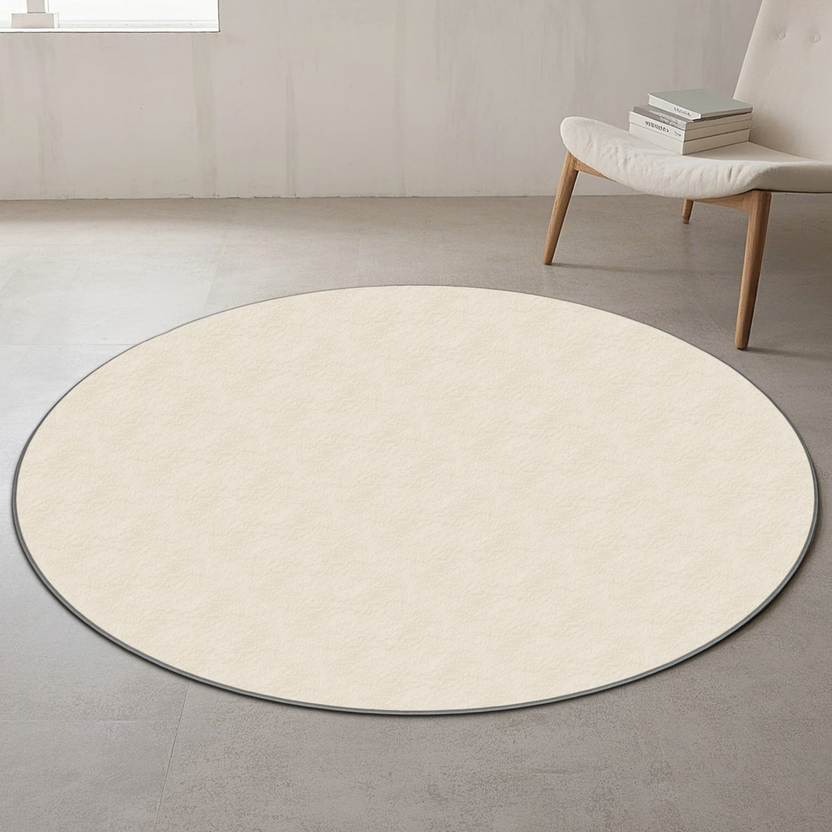 Grand tapis rond beige uni en velours peluche, deux mètres