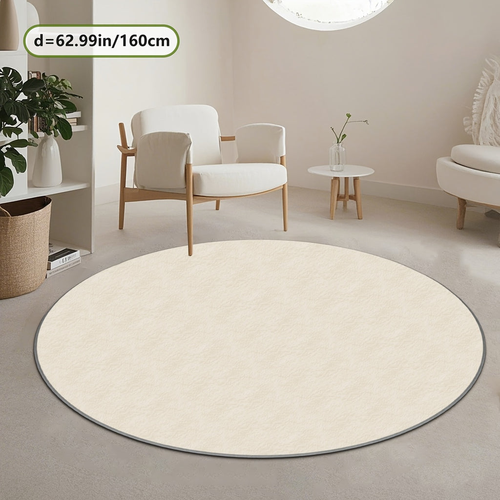 Grand tapis rond beige uni en velours peluche, deux mètres