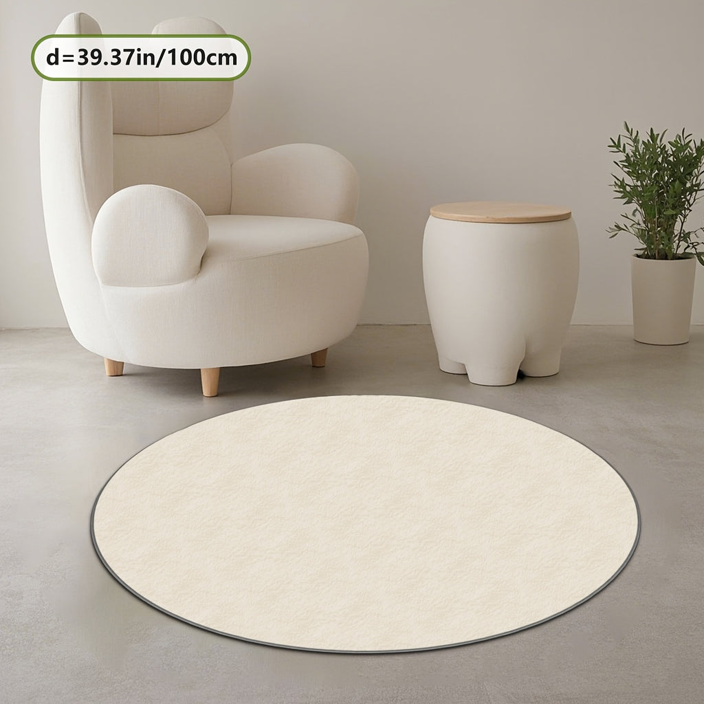 Grand tapis rond beige uni en velours peluche, deux mètres