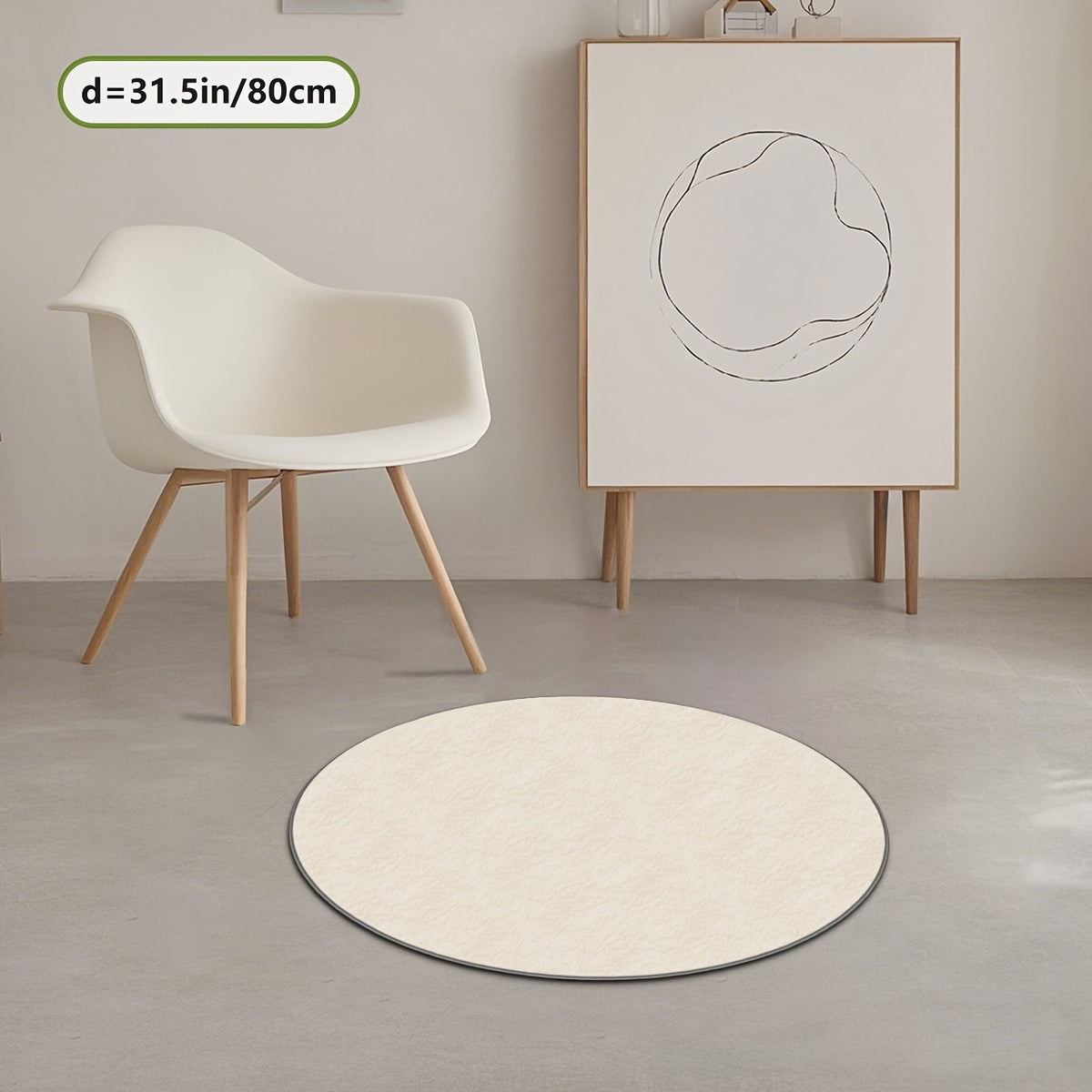Grand tapis rond beige uni en velours peluche, deux mètres