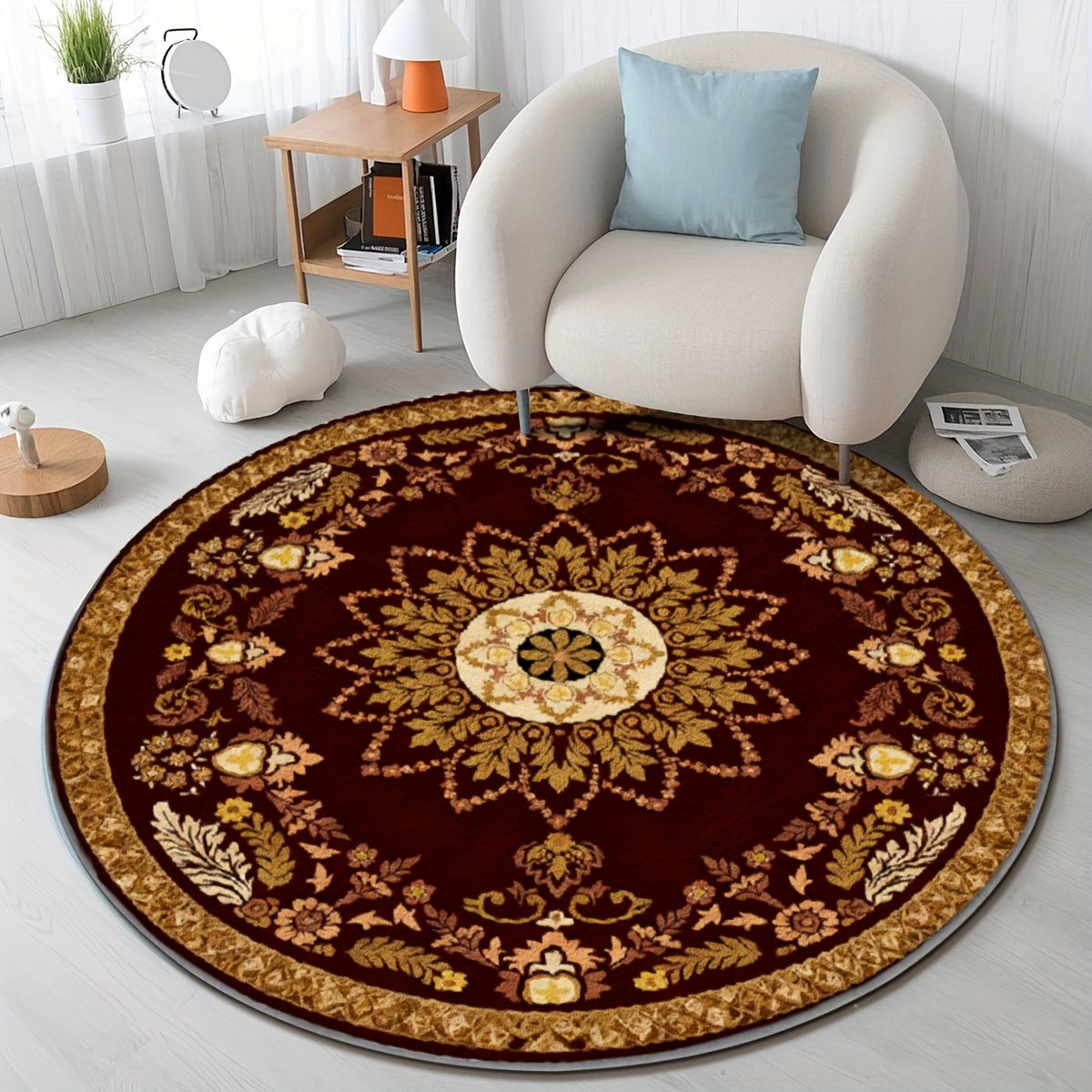 Grand tapis rond bordeaux à médaillon persan, Ø 160 et 200
