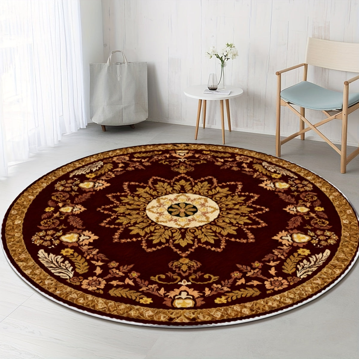 Grand tapis rond bordeaux à médaillon persan, Ø 160 et 200