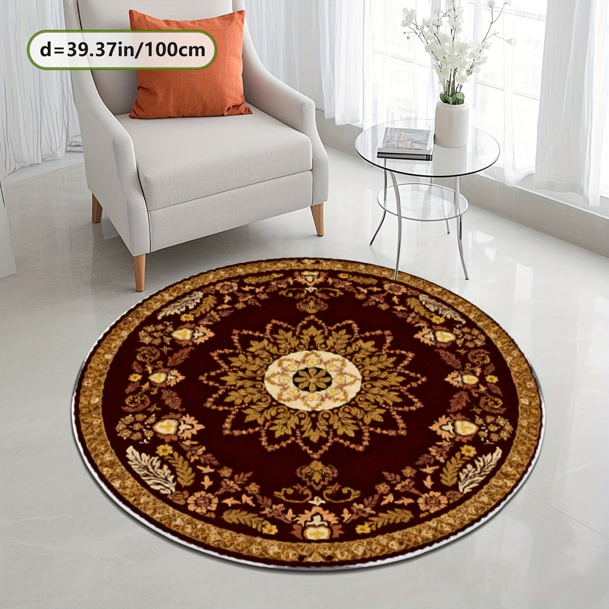 Grand tapis rond bordeaux à médaillon persan, Ø 160 et 200