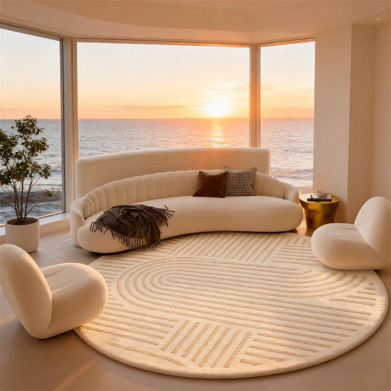 Tapis rond crème à grands arceaux ton sur ton, deux formats