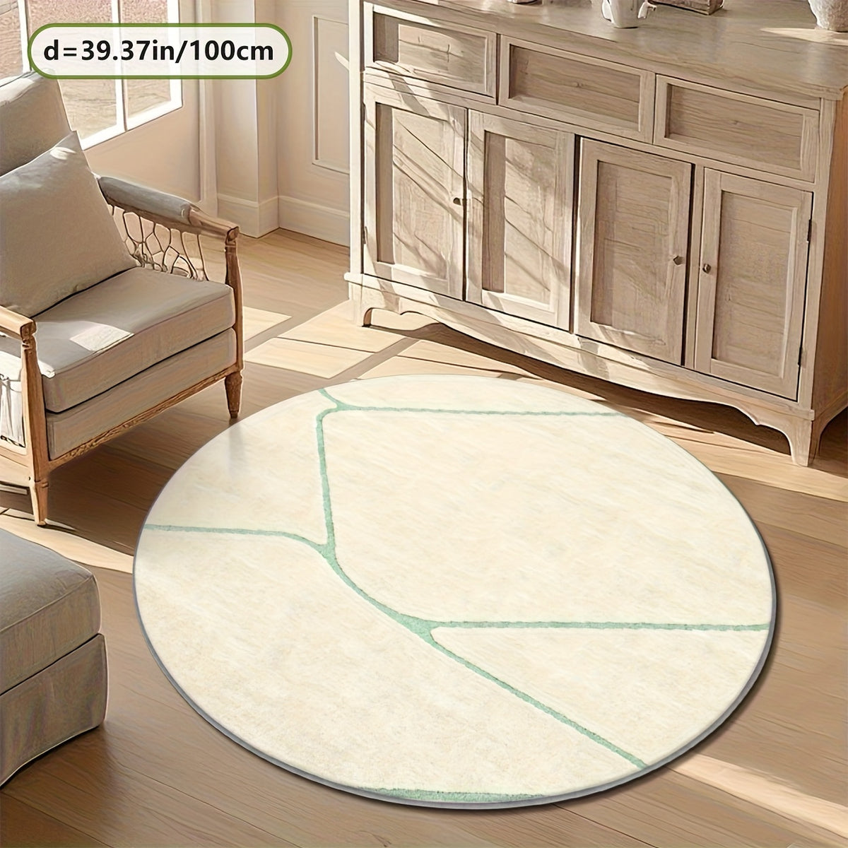 Grand tapis rond crème Ø 200 cm à lignes vert menthe fines
