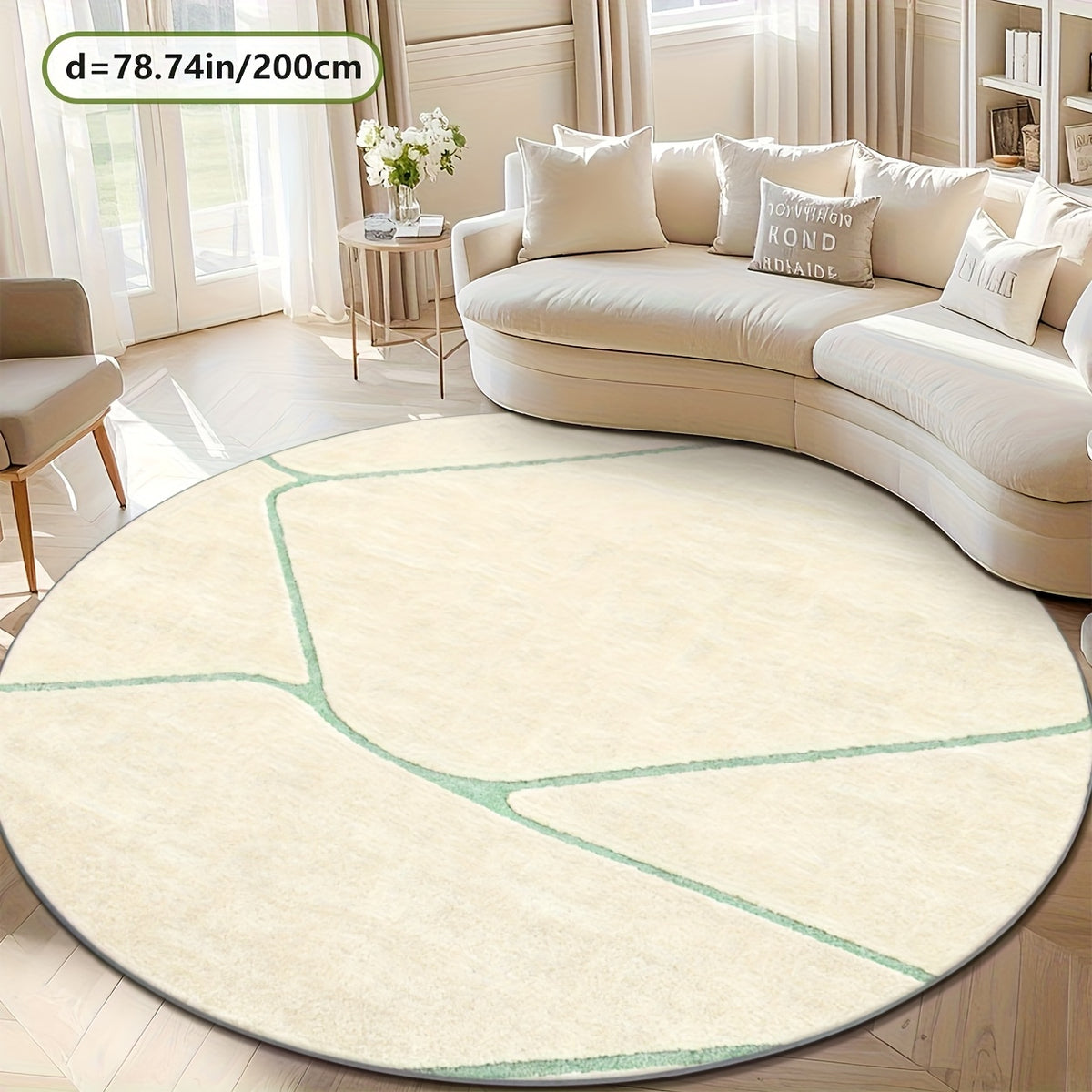 Grand tapis rond crème Ø 200 cm à lignes vert menthe fines
