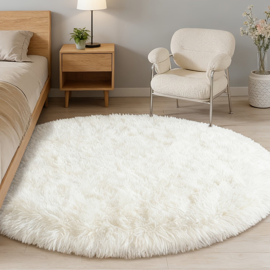 Grand tapis rond crème à poils longs, Ø 180 ou Ø 200 cm