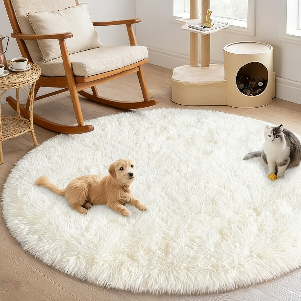 Grand tapis rond crème à poils longs, Ø 180 ou Ø 200 cm