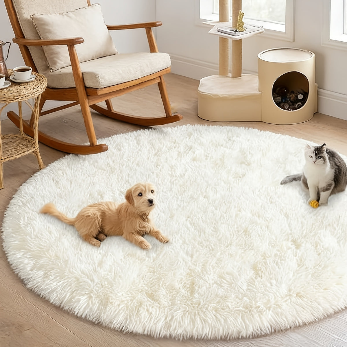 Grand tapis rond crème à poils longs, Ø 180 ou Ø 200 cm