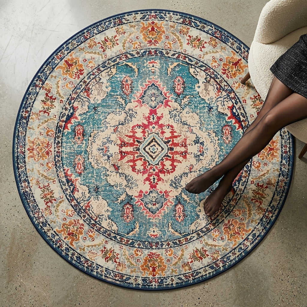 Grand tapis rond bohème crème à rosace turquoise, Ø 300 cm