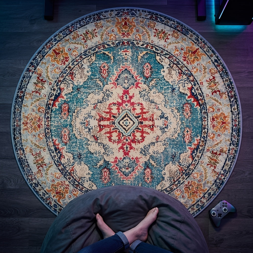 Grand tapis rond bohème crème à rosace turquoise, Ø 300 cm
