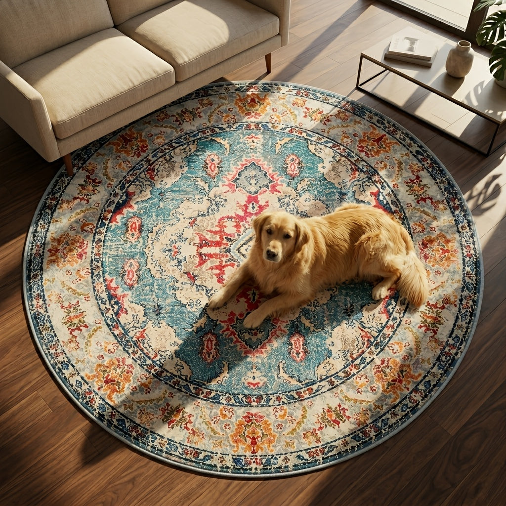 Grand tapis rond bohème crème à rosace turquoise, Ø 300 cm