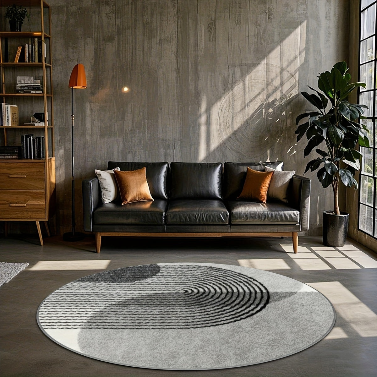 Grand tapis rond gris et noir à arcs concentriques en relief