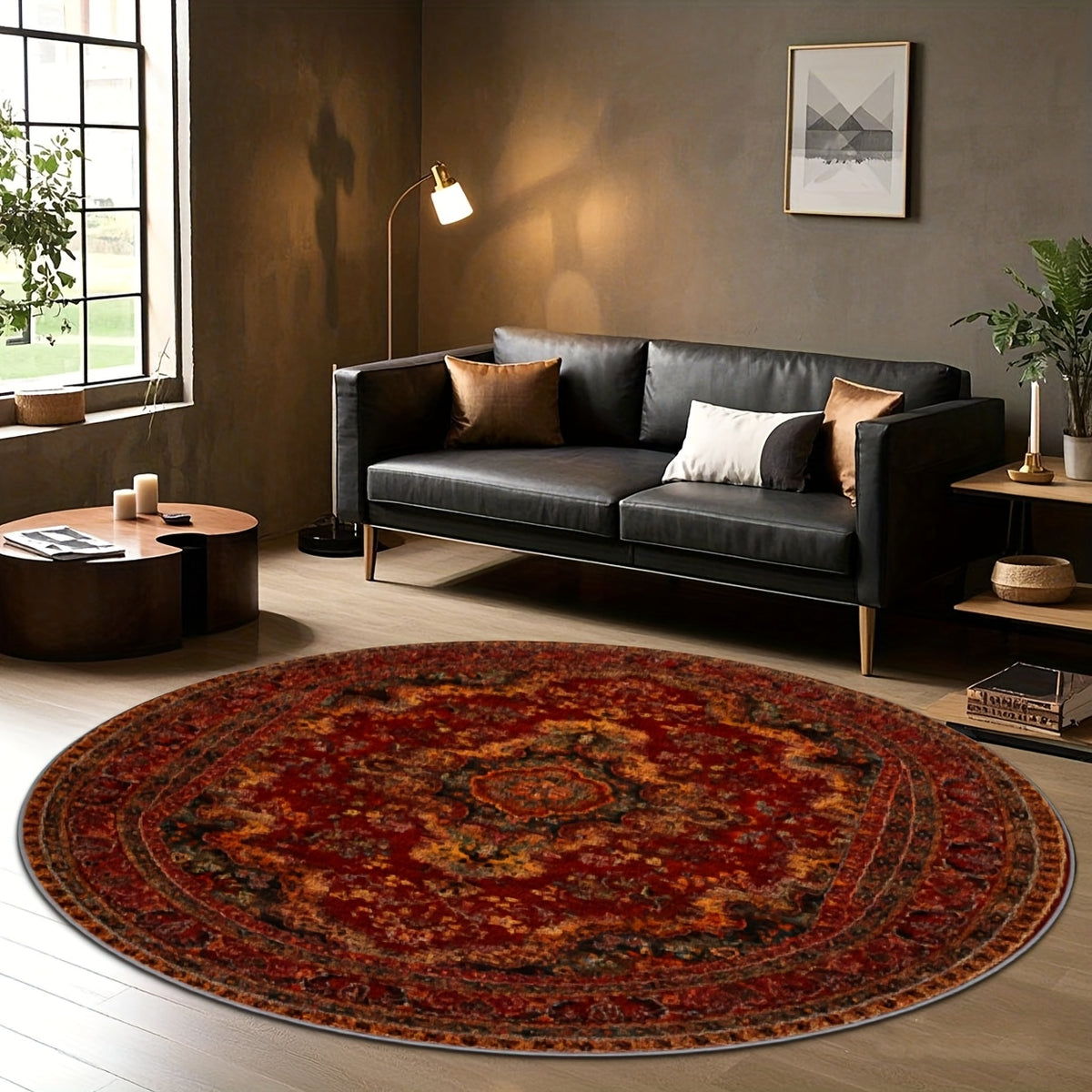 Grand tapis rond rouge brique patiné, Ø 200 cm et lavable